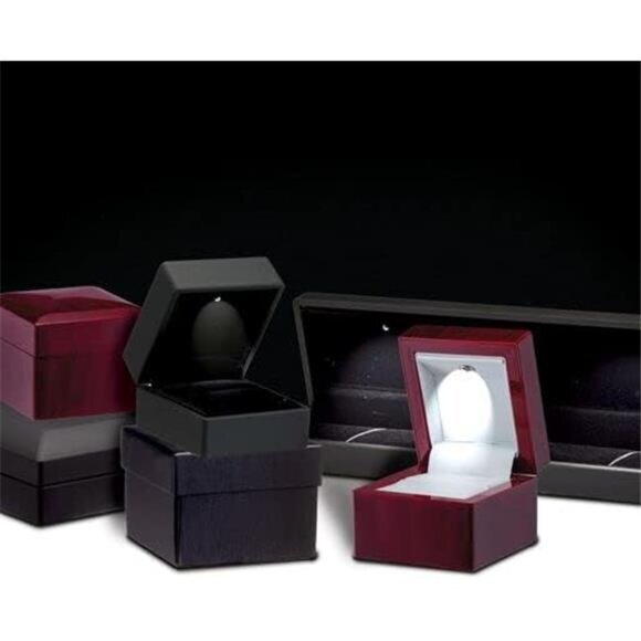 Luxury Mahogany Ring Box with LED Light, Elegant Square Diamond Case, - Picture 6 of 7